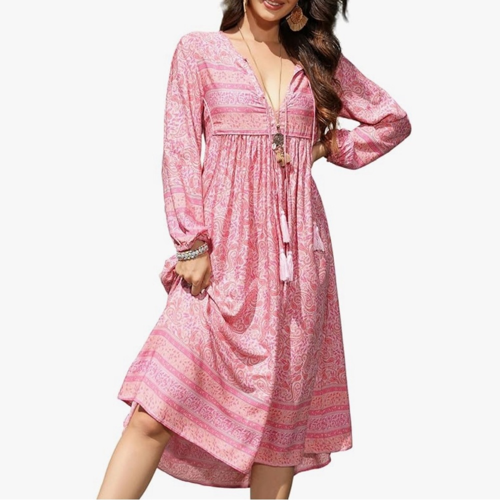 Viviimos Blush Pink Boho Midi Dress XXL Floral Tassel Tie Long Sleeve